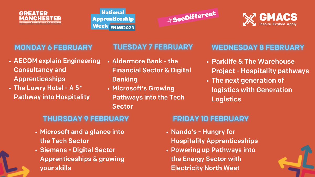 greatermcr's tweet photo. National Apprenticeship Week begins on 6 February!
To celebrate, @YourGMACS will be hosting a number of Meet Your Future sessions where youβll be able to find out more about apprenticeships.
Sign up here π https://t.co/e8undbaHe7
#NAW2023 #SkillsforLife #SeeDifferent https://t.co/n6DHFc24eW