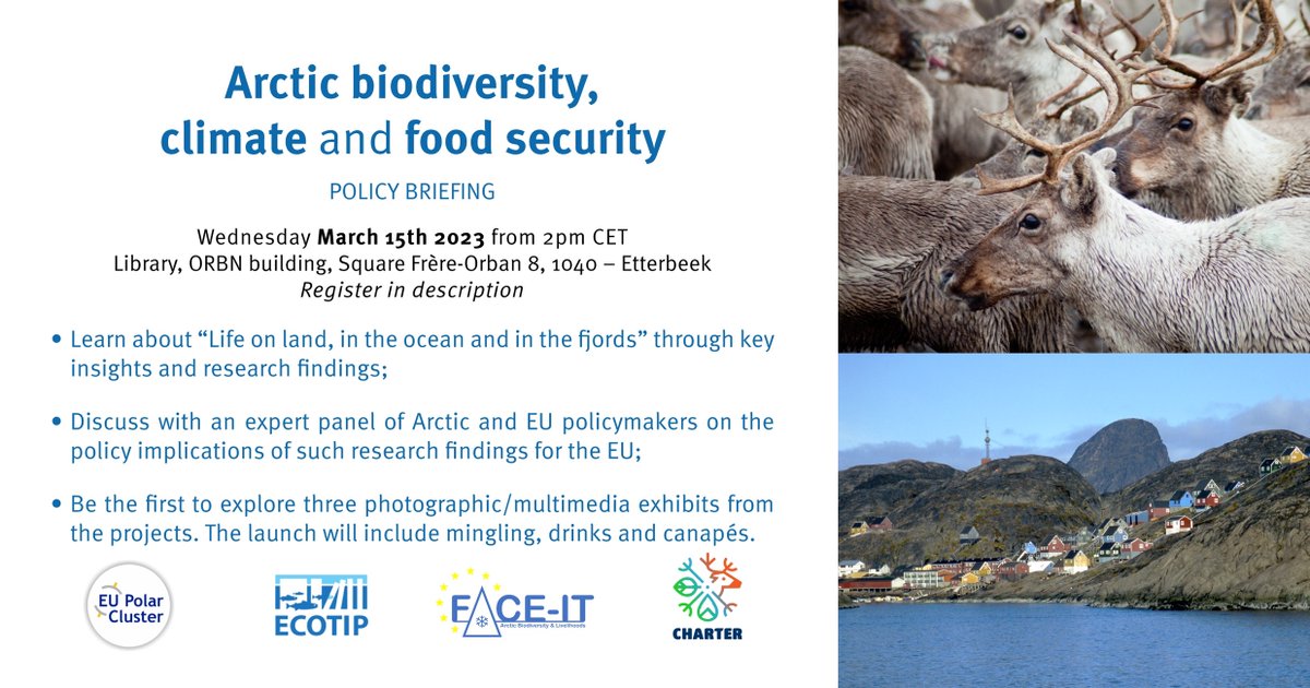 Join us March 15 in Brussels with our sister #Horizon2020 projects @FACEITArctic @ecotiparcticEU and in collaboration with @EUPolarCluster. #Arctic #Biodiversity #climate Register from the link below charter-arctic.org/policy-briefin…