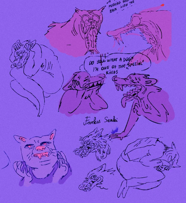 BONUS sakrafka OC lore!These are the very first sketches of her, she started out as a vent doodle in 2019, but I fell in love with this design so I gave them my personal traits and made her a wolf because my name "farkas" means wolf in Hungarian  