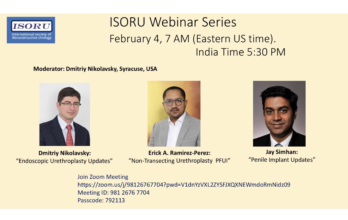 @drjoshi_pankaj and @sanjaybkulkarni @ISORU1 thank you for organizing this webinar on Saturday, February 4 (early morning in Western Hemisphere) @JSimhan @cirugiadeuretra will join with a strong double-shot of espresso to discuss topics in reconstruction