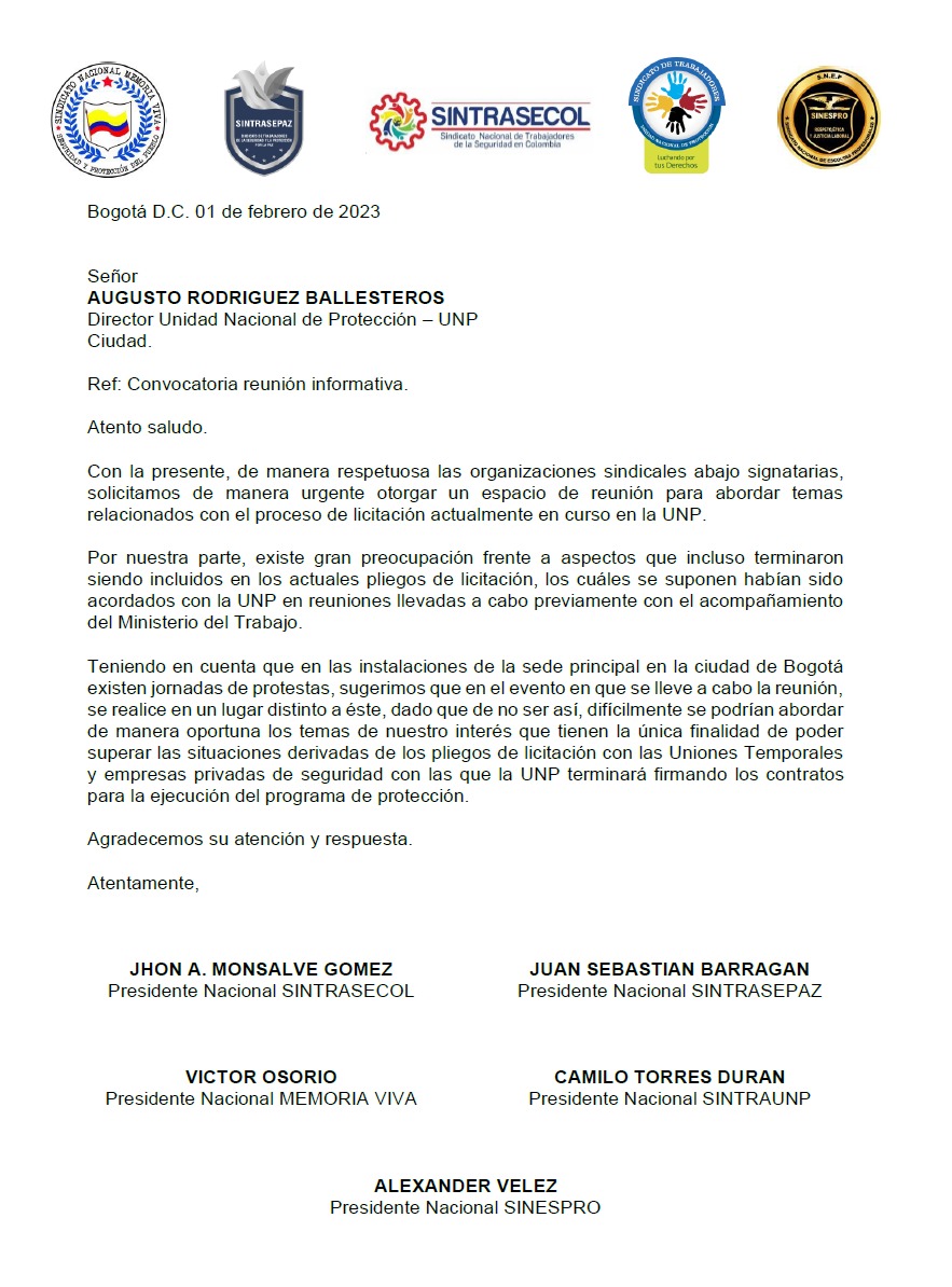 Reunión con sindicatos

Un grupo de sindicatos de la <a href="/UNPColombia/">Unidad Nacional de Protección, UNP.</a> han convocado a una reunión informativa para tratar sobre el proceso de contrato de escoltas. La dirección de la UNP en la medida en que no se use la violencia, acciones de hecho y no se patrocine la corrupción...