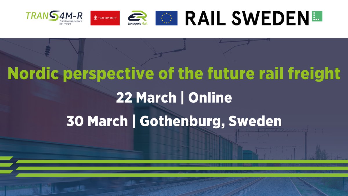 Our #EU_Rail FP5: TRANS4M-R project in collaboration w/ Rail Sweden &amp; <a href="/Trafikverket/">Trafikverket</a> is organising an event on the Nordic perspective of the future #rail freight.

Learn about the future of Digital Automatic Coupling, Intelligent Video Gate &amp; more.  

🔗bit.ly/3INsASs