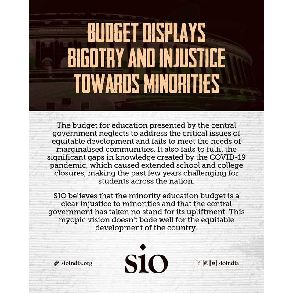 SIOBhilai's tweet photo. Budget displays bigotry and injustice towards minorities : SIO

#Budget2023 

Read full statement :
https://t.co/Yv6JOCBqeE… https://t.co/XiP0mKqCrD