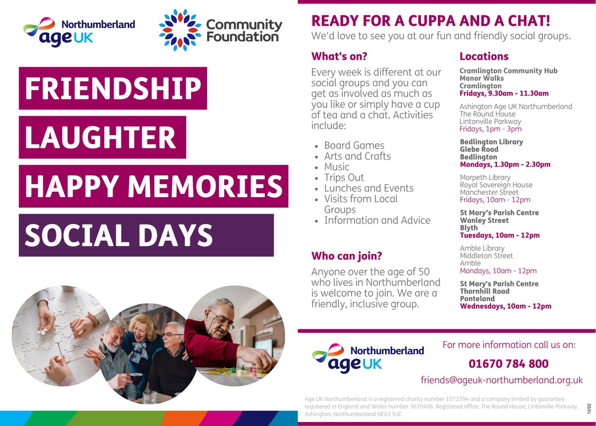 AgeUKNorthumber's tweet photo. Come along to any one of our fabulous friendship groups that we run across #Northumberland. The more the merrier, our groups are friendly and inclusive with lots of great activities, friendship and fun. #ageuk #fun #friendship https://t.co/eg7Qaq4HmQ