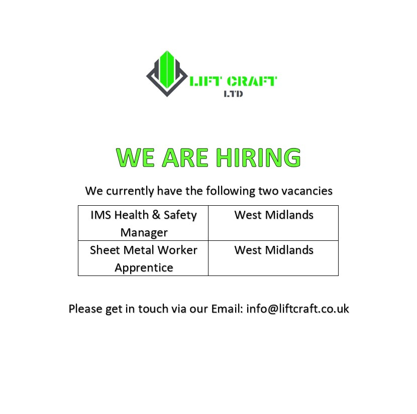 Liftcraft1's tweet photo. We are hiring, please get in touch via our Email: info@liftcraft.co.uk #Job #HIRINGNOW #healthandsafety #liftinstallation #jobopportunities https://t.co/98buX1RjwJ