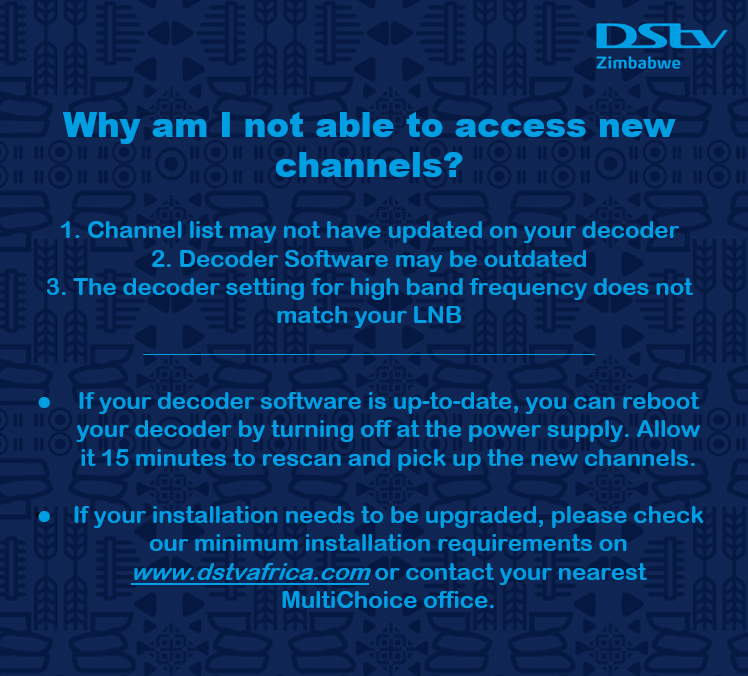 DStvZimbabwe's tweet image. Are you getting challenges with picture when trying to watch new channels for example 3ktv and Ztn Prime on your decoder? See the steps provided!!

Stay connected to DStv via the #MyDStvApp: bit.ly/theMyDStvApp