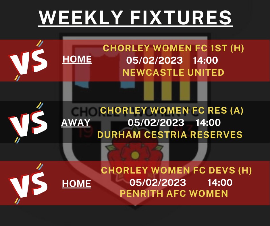 📣REMINDER📣
It's a busy weekend for all 3 teams with our 1st ladies playing at Blainscough Park, Coppull against Newcastle United! ⚽
Don't miss out, adult admission is £3 and under 16s entry is free!
⚫⚪
