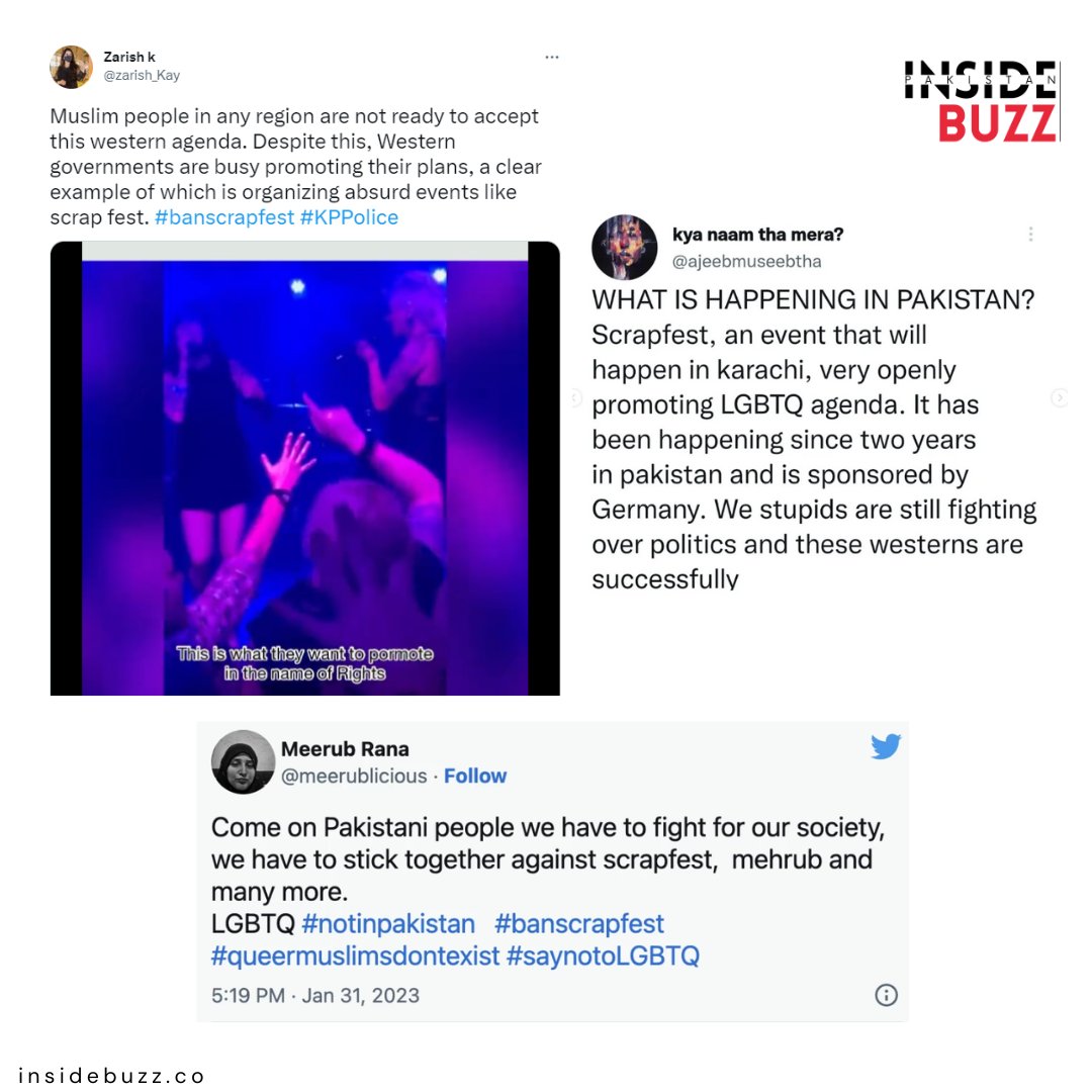 insidebuzzco's tweet photo. Netizens strongly condemned the event '#scrapfest, which promotes #LGBTQ in #Pakistan, and demanded the government ban such events because they violate #Islamic values.
Event happening in Karachi on 4th of February.
#insidebuzz #banscrapfest #BanLGBTQ #BanLGBTQ #urvahkhan https://t.co/roiAM3R25a