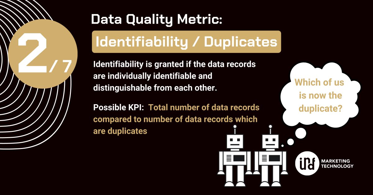stracko's tweet image. There should not be any duplicates in your data!

Each data record should be individually identifiable. Therefore, it is important to define a primary key (usually an ID number) with which each data record can be identified. 

#dataquality #duplicates #identifiabilty #marketing