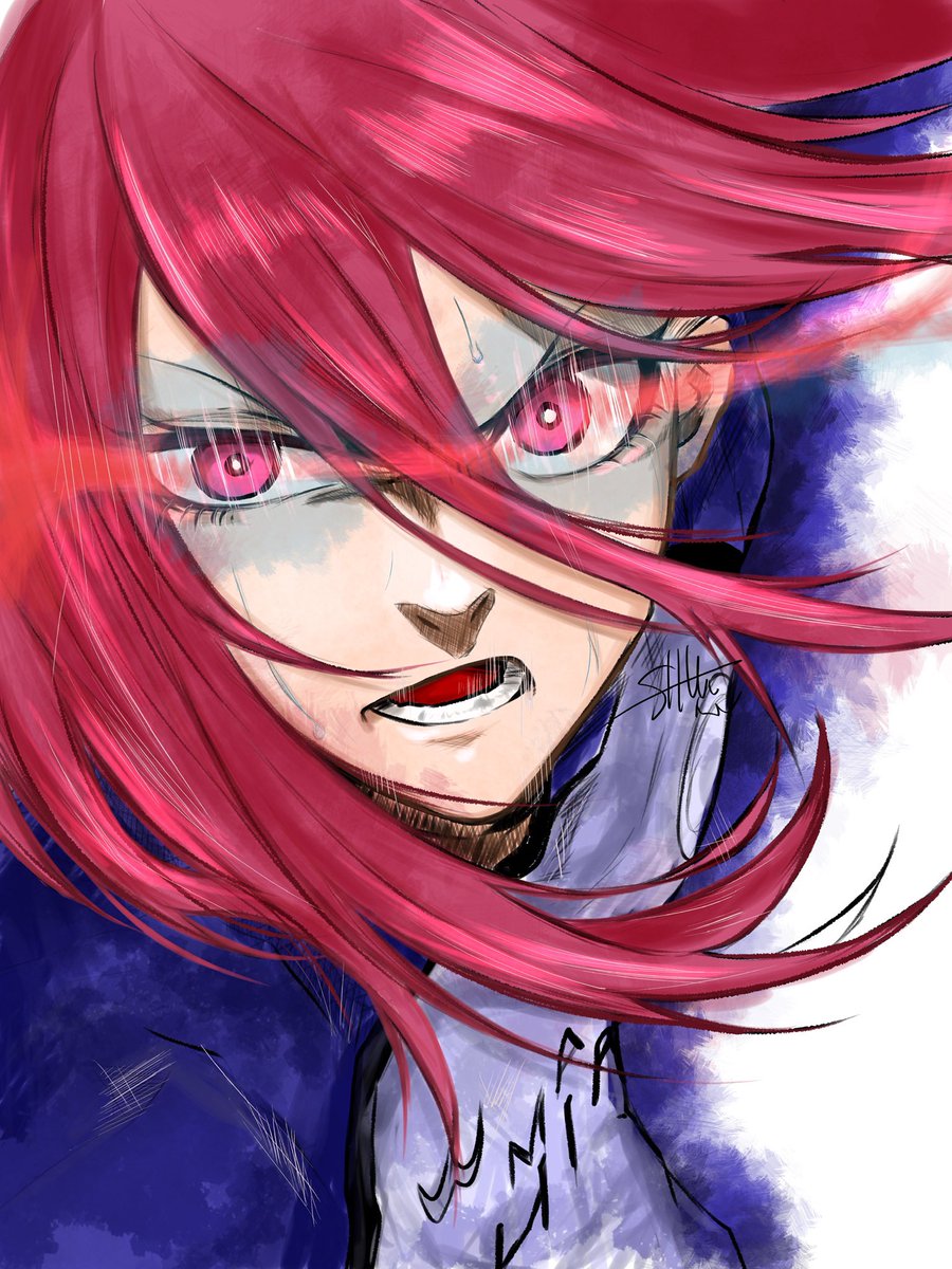 solo red hair open mouth hair between eyes looking at viewer teeth male focus  illustration images