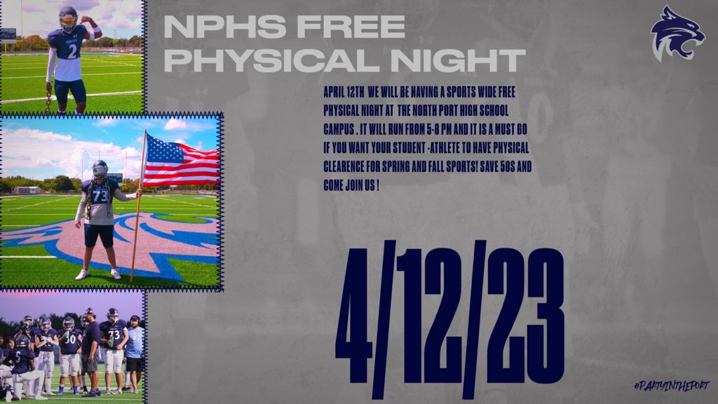 NOPOBobcats's tweet photo. Free physical night at NPHS!! All of our athletes across all sports come join us for an opportunity to get a free physical for your Fall/Spring/Winter sport! Save yourself some $$$! #PartyInThePort https://t.co/2alFWS8zcb