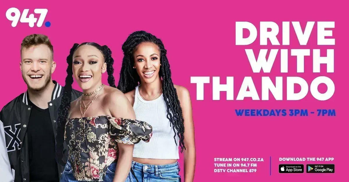 947's tweet photo. It's time for #947DriveWithThando with @Thando_Thabethe, @FlaxTheDJ &amp; @LeratoHoeffele! 😎 

TODAY:
➡️ Song to describe your day
➡️ #WhatsInTheVilla 
➡️ #ClashOfSchools 
➡️ #CantBeat

📻 https://t.co/dQsTO6mj7n https://t.co/qi7559VocZ