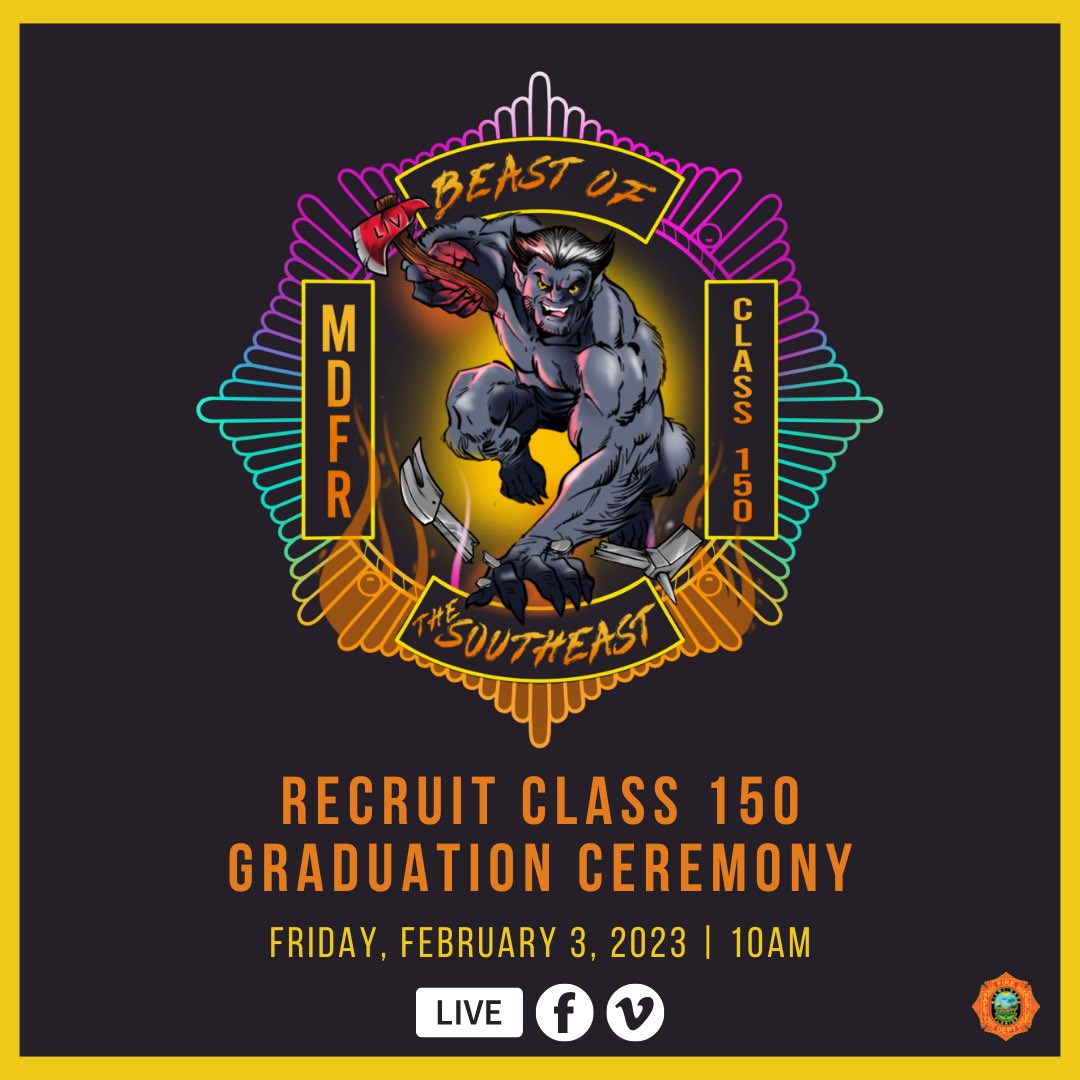 MiamiDadeFire's tweet photo. On Friday, Feb. 3 at 10 a.m., join us as we celebrate the graduation of the recruits from #MDFRClass150 as they officially receive their badges & become #MDFR firefighters.
Watch LIVE: https://t.co/0XLAnO5L4M https://t.co/A3HeEqQuzT