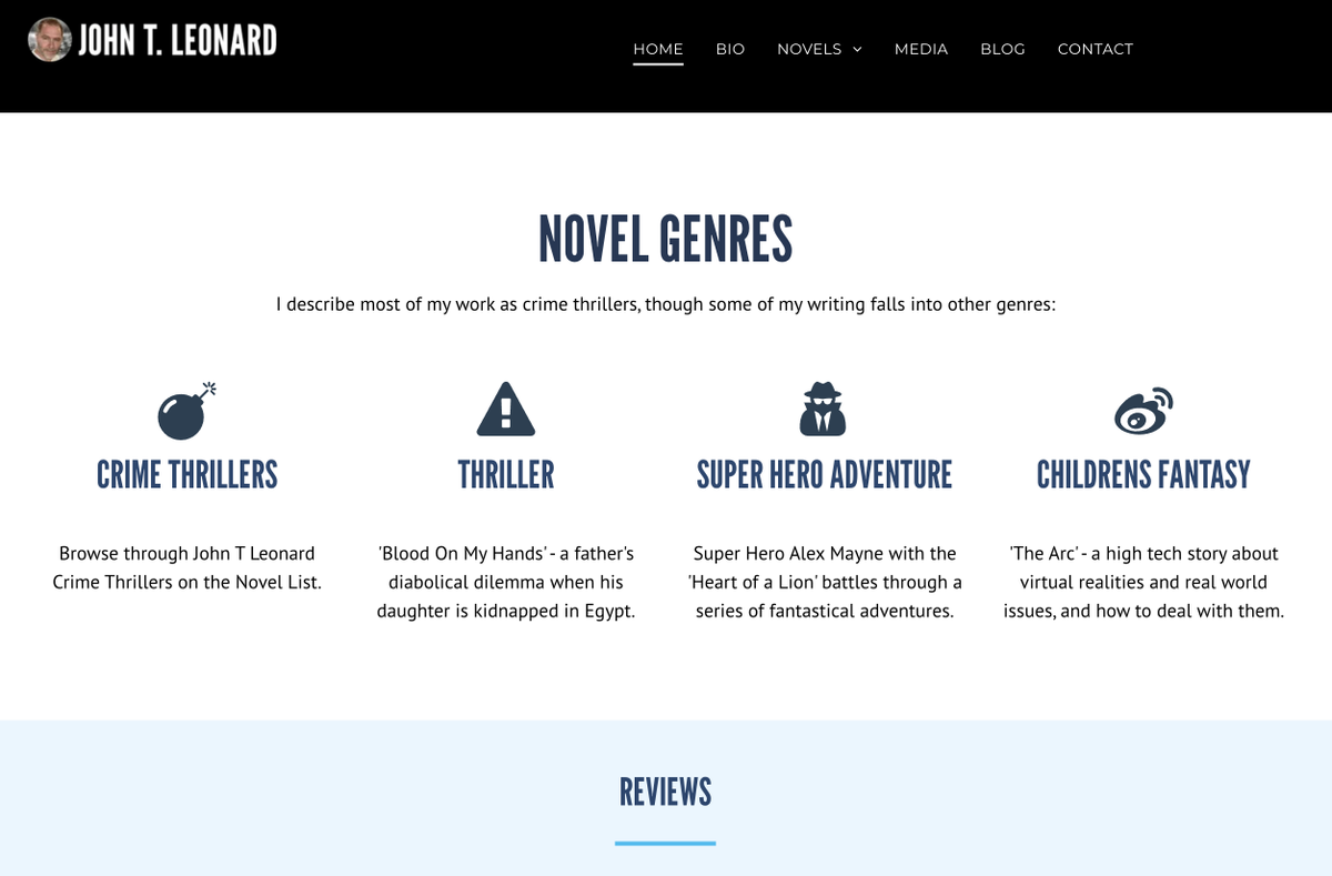 FactorEstudio's tweet photo. The latest update to the website for Crime Writer, @johntleonard2. Most of his novels are described as #crimethriller #crimefiction, but I created #novelgenres to expand his potential audience. Are you an author who could benefit from a similar website? https://t.co/roTxAqyJYY https://t.co/CnxaRoLLw9