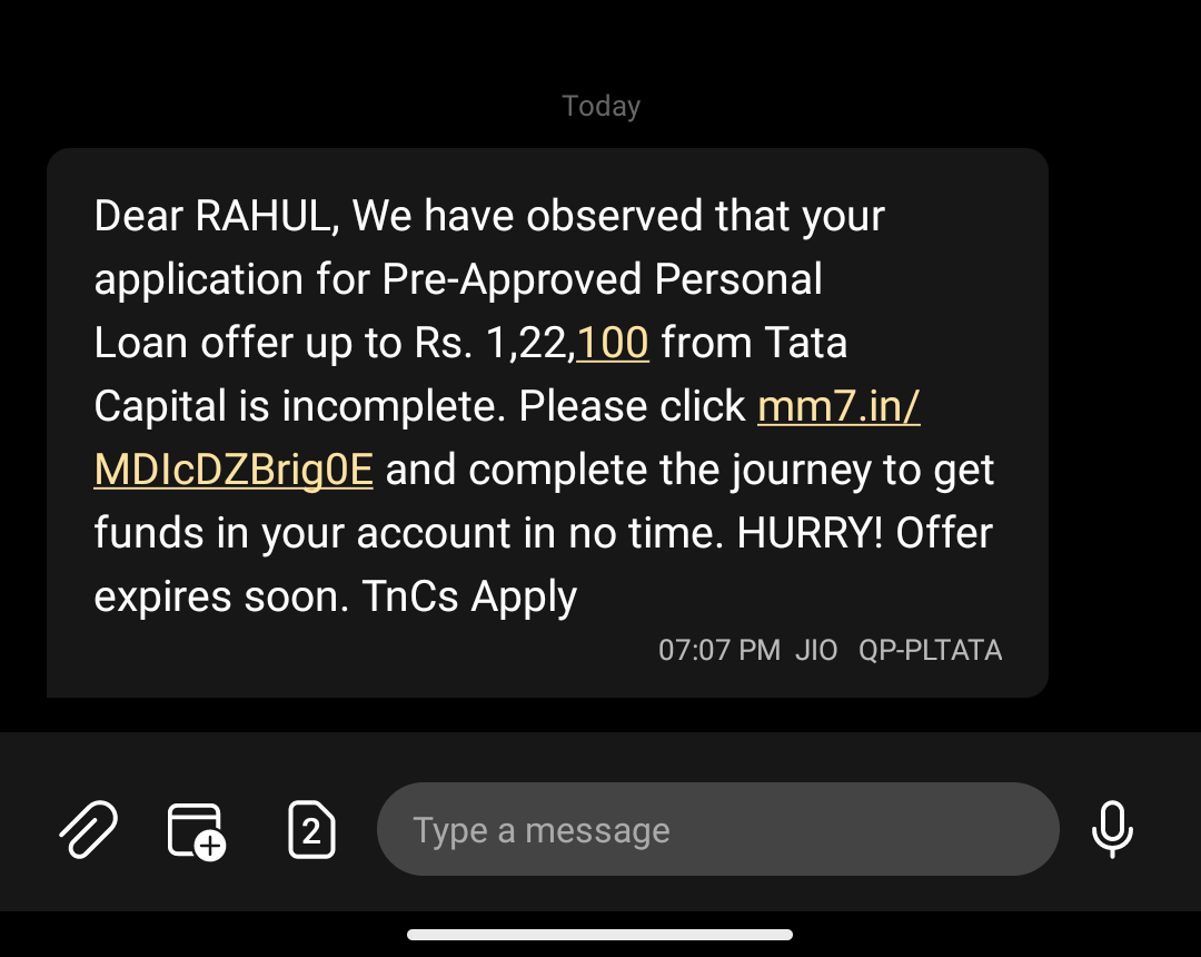 raktale's tweet photo. I have never applied or tried to apply to get any personal loans from @tatacapital. These kinds of scam looking sms will only degrade your reputation. Please stop sending such sms. https://t.co/0QSvAOYdP0