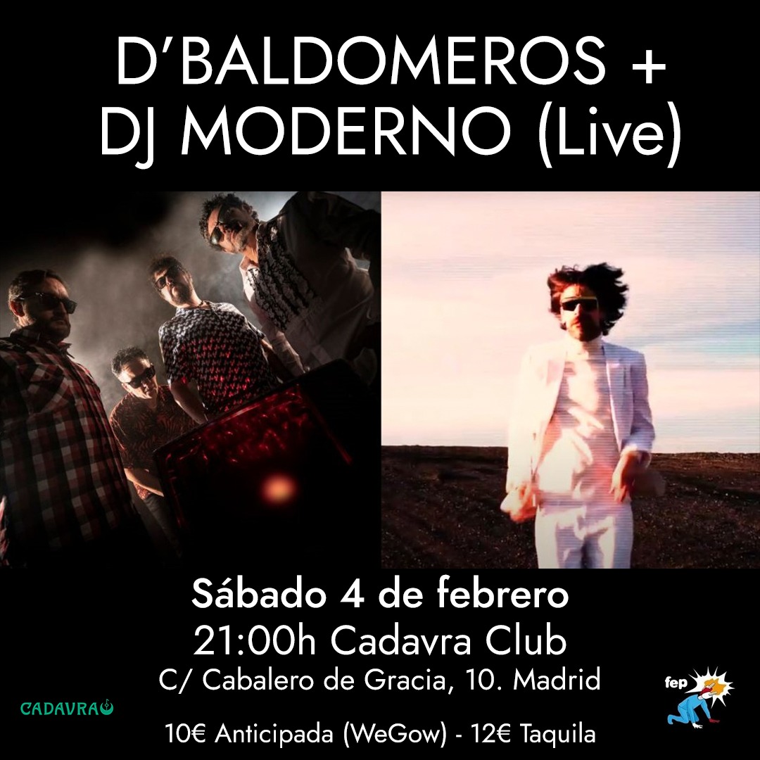 FEP PRODUCCIONES (@fepproducciones) on Twitter photo Sábado conciertazo en #cadavra con el Live de <a href="/DjModerno/">DjModerno 🫵</a> que presenta nuevo single con banda completa y <a href="/d_baldomeros/">DBaldomeros</a>
A las 21!
Anticipadas volando aquí -> wegow.com/es-es/conciert… Sábado conciertazo en #cadavra con el Live de <a href="/DjModerno/">DjModerno 🫵</a> que presenta nuevo single con banda completa y <a href="/d_baldomeros/">DBaldomeros</a>
A las 21!
Anticipadas volando aquí -> wegow.com/es-es/conciert…