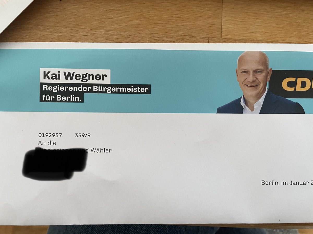 Post vom „Regierenden Bürgermeister für Berlin“ (sic!). Beim Umschlag dachte ich erst an #Wahlwerbung <a href="/cduberlin/">CDU Berlin</a> <a href="/TspCheckpoint/">Tagesspiegel Checkpoint</a>