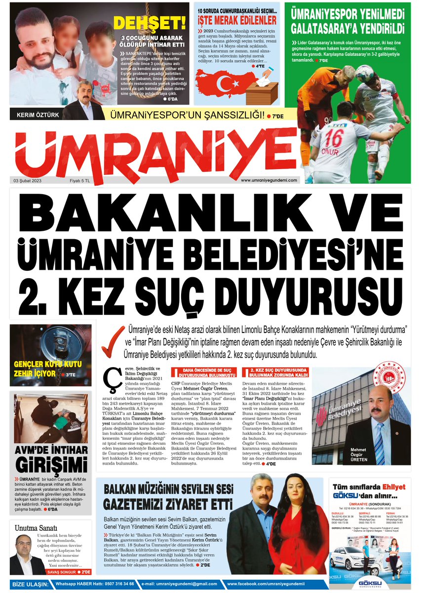 🔴 Ümraniye'nin yaşamını sayfalarına yansıtan 'ÜMRANİYE GÜNDEMİ' Gazetesi güncel haberleriyle bu hafta da okurlarıyla buluştu.
👉 AYRINTILARI umraniyegundemi.com DAN Takip Edebilirsiniz...
#ÇevreveŞehircilikBakanlığı #ÜmraniyeBelediyesi #LimonluBahçeKonakları #Ümraniye