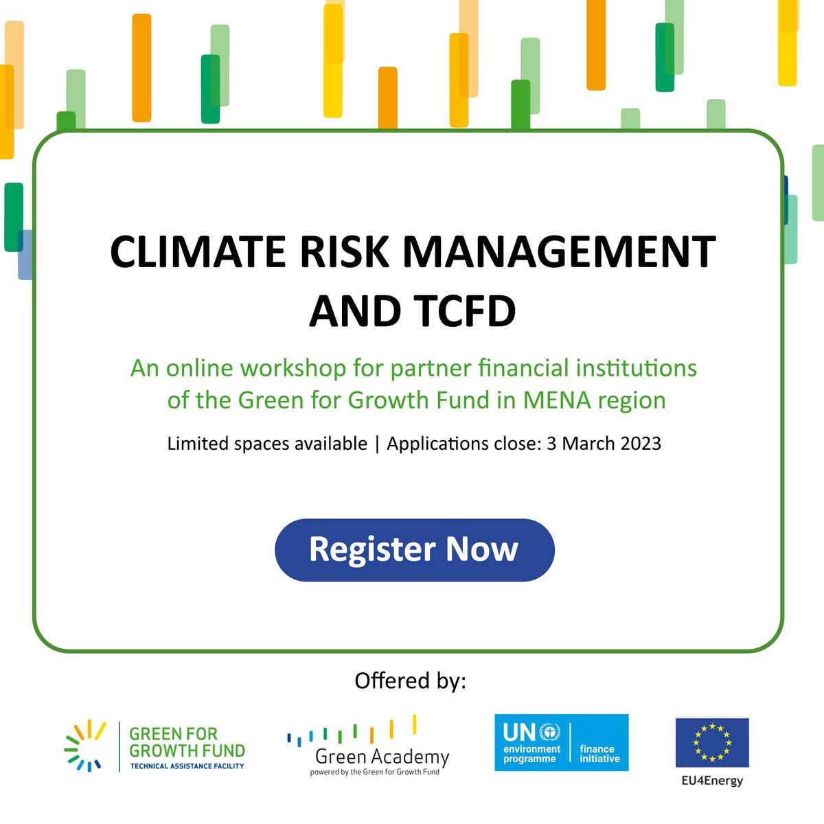 Green for Growth Fund (@greengrowthfund) on Twitter photo Our Technical Assistance Facility is excited to announce an online workshop aimed at raising awareness on #climate #riskmanagement and #TCFD in collaboration with the <a href="/UNEP_FI/">UNEP Finance Initiative (UNEP FI)</a>!
Register now: bit.ly/409qTET Our Technical Assistance Facility is excited to announce an online workshop aimed at raising awareness on #climate #riskmanagement and #TCFD in collaboration with the <a href="/UNEP_FI/">UNEP Finance Initiative (UNEP FI)</a>!
Register now: bit.ly/409qTET