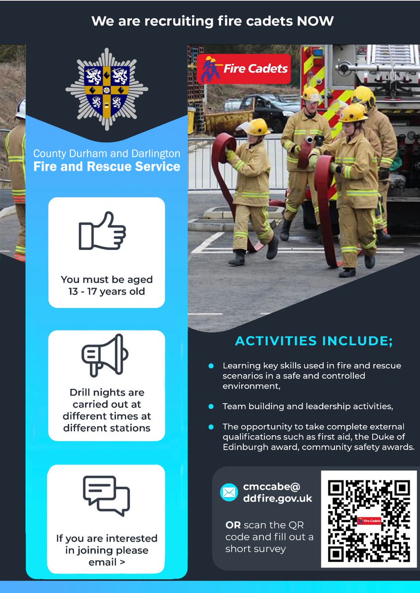 CDDFRS's tweet photo. We're recruiting fire cadets now! 👩‍🚒

However, there are limited spaces for our Fire Cadet Schemes so get in quick!

Click the link 👉  https://t.co/LSszYN10G7 or scan QR code on the poster, and a member of the Fire Cadet instructor team will be in touch to arrange an induction https://t.co/Wcj13glx2u