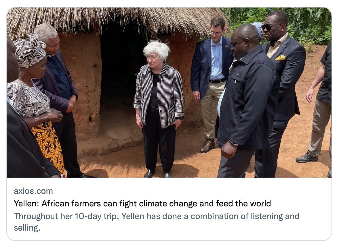 ClimateDepot's tweet photo. Biden Treasury Sec. Yellen stands in front of straw hut telling African farmers they can fight climate change | Climate Depot https://t.co/sasvwAgbjb https://t.co/oo7tWqqClj