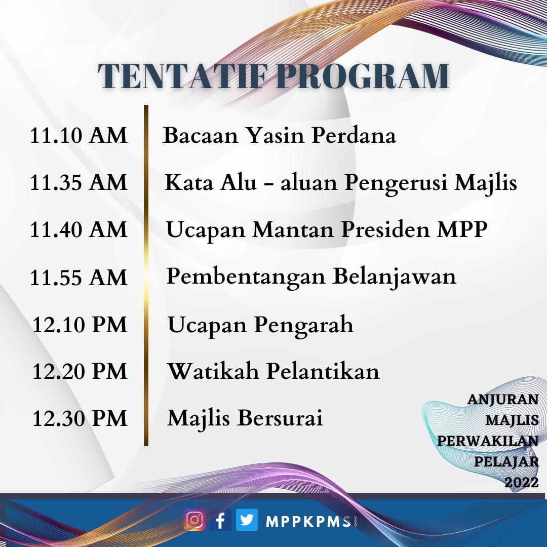 MPPKPMSI's tweet photo. Majlis Bacaan Yasin Perdana,
Majlis Pembubaran MPP 2022/2023 &amp; Watikah Pelantikan MPP Sesi 2023/2024 akan diadakan pada :

Tarikh : 3 Februari 2023 (Jumaat)
Masa : 11.00 AM - 12.30 PM
Tempat : Dewan Utama KPMSI

#kpmsimemilih
#mppkpmsi https://t.co/5CMLONq0C0