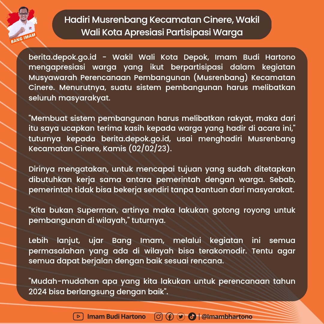 ImamBHartono's tweet photo. Saya mengapresiasi warga yang ikut berpartisipasi dalam kegiatan Musyawarah Perencanaan Pembangunan (Musrenbang) Kecamatan Cinere. Karena suatu sistem pembangunan harus melibatkan seluruh masyarakyat.
#musrembang #musrembangkotadepok #bangimam #ibh #wakilwalikotadepok https://t.co/BUtGAtongJ