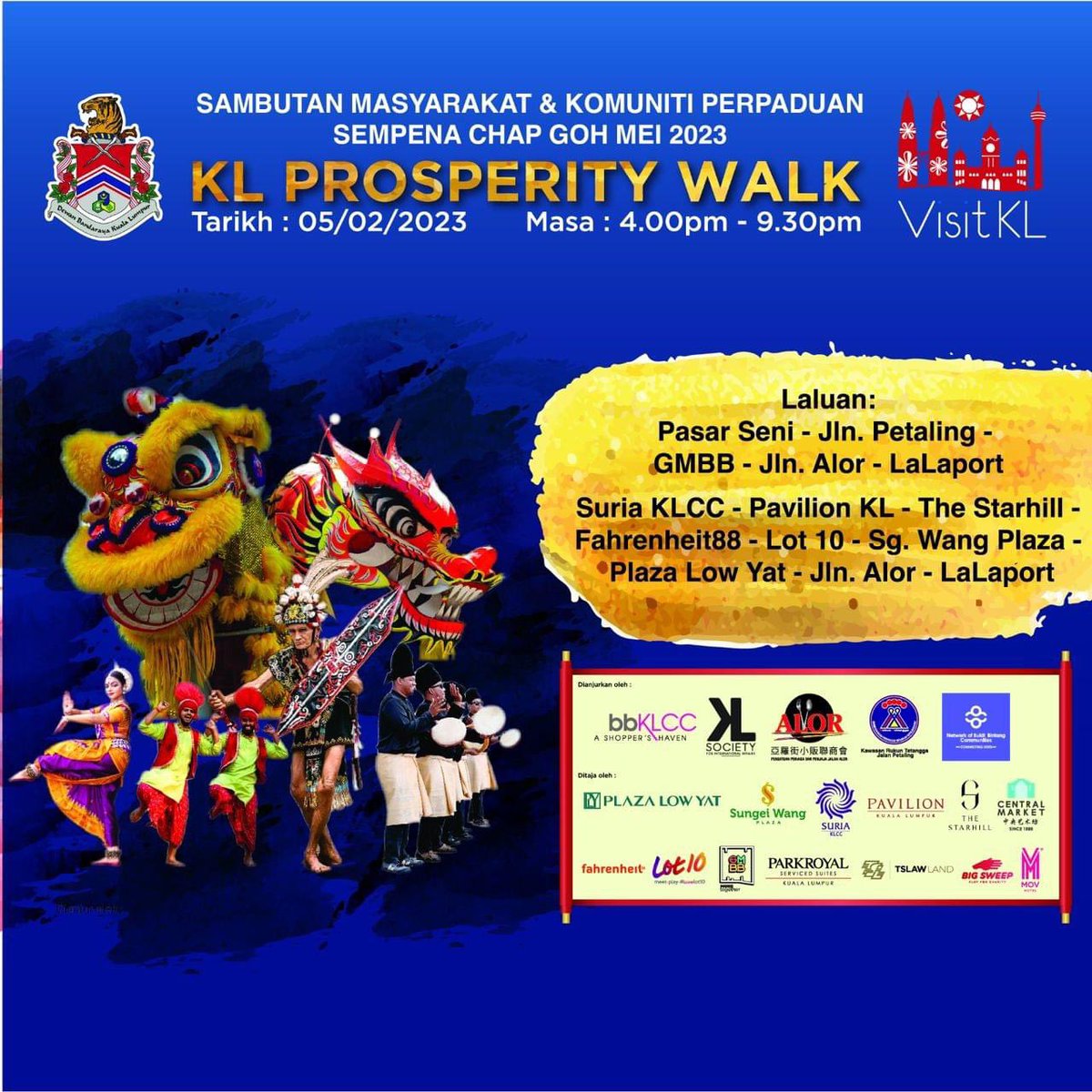 KL Prosperity Walk! 🤩 

In case you didn't know, there will be various live festive performances this weekend ⬇️
🗓️ 5 FEBRUARY 2023
⏰ 4PM - 9:30PM 

Flagged-off here at 📍 Pasar Seni  @CentralMarketKL and taking us through Downtown KL. Let’s enjoy these festivities together!