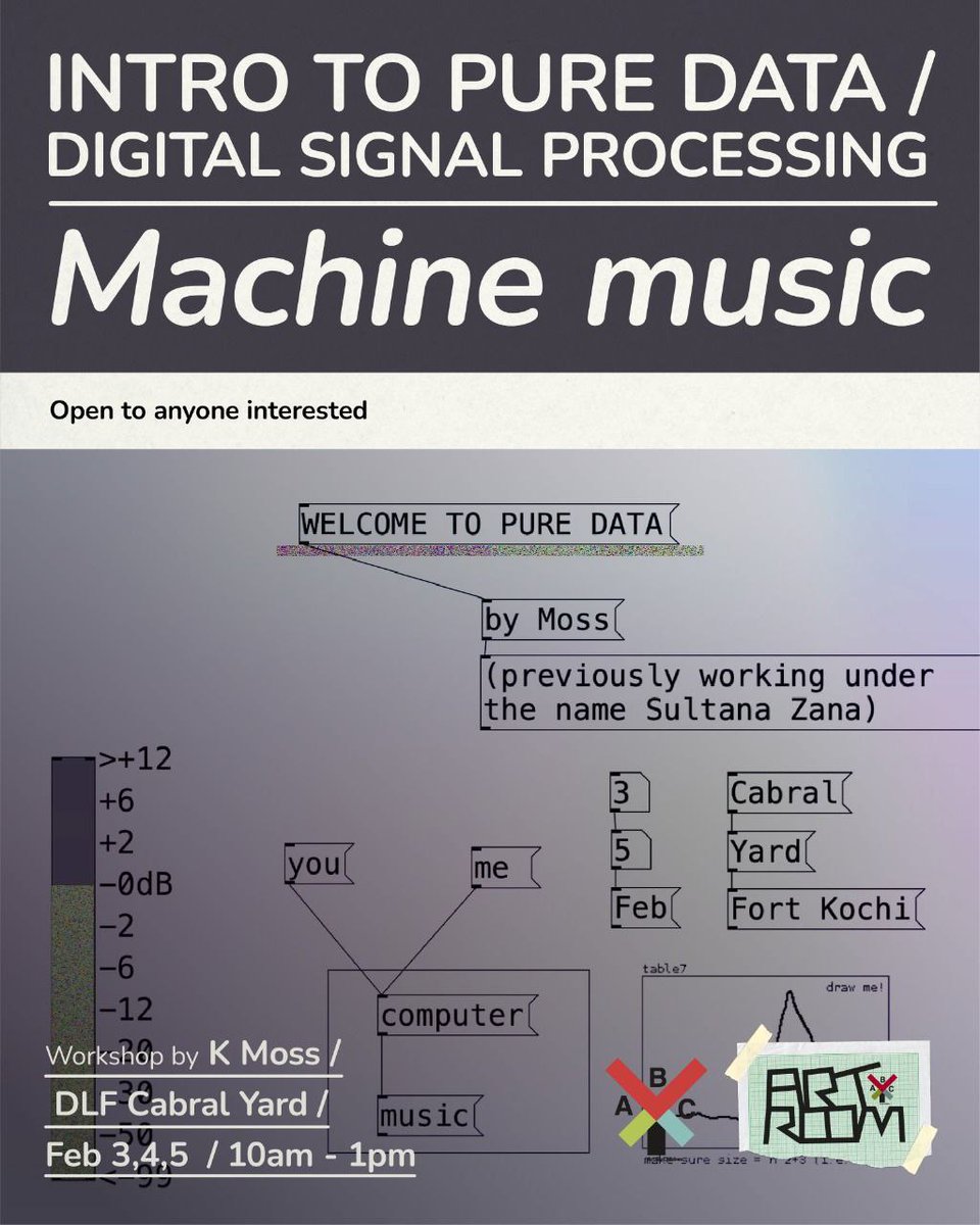 Tomorrow, Feb 2nd (and the following days), 10AM-1PM, Pure Data Workshop at Cabral Yard!

#kochi #biennale #kochibiennale #hack4play #ack4play #kochimuzirisbiennale