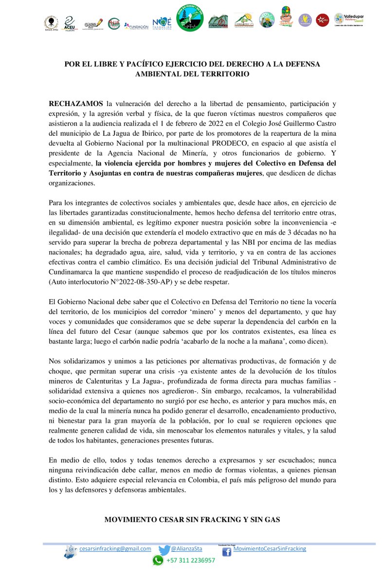 AlianzaSta's tweet photo. Inaceptable agresión a miembros de MCSF ayer 1FEB en audiencia de #LaJaguadeIbirico. Quienes piden reabrir mina proscriben participación y atacan a quienes no participan del paro o apoyen. Inaceptable que se pida a gobierno ir contra la ley y una decisión judicial. @MinAmbienteCo https://t.co/dL2d4rVZL2