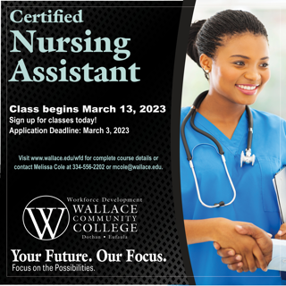 sealaworks's tweet photo. Wanting to be a Certified Nursing Assistant? Submit an application by March 3rd to start taking classes at Wallace! #wallace #southeastalabamaworks https://t.co/Dm2hJ7kJ9Y