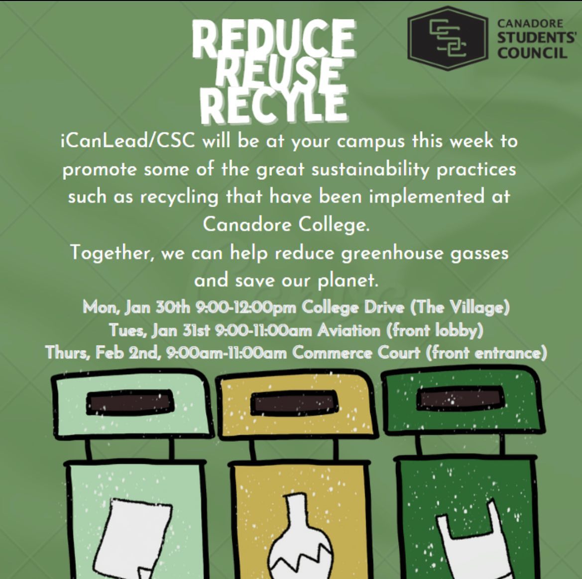 CanadoreCollege's tweet photo. Commerce Court!
Stop by the CSC/iCanLead booth today to learn more about our campus recycling initiatives! 
#Sustainability #CanadoreStudentsCouncil #iCanLead #SustainableCanadore #Recycling https://t.co/eMpMyW2WTB