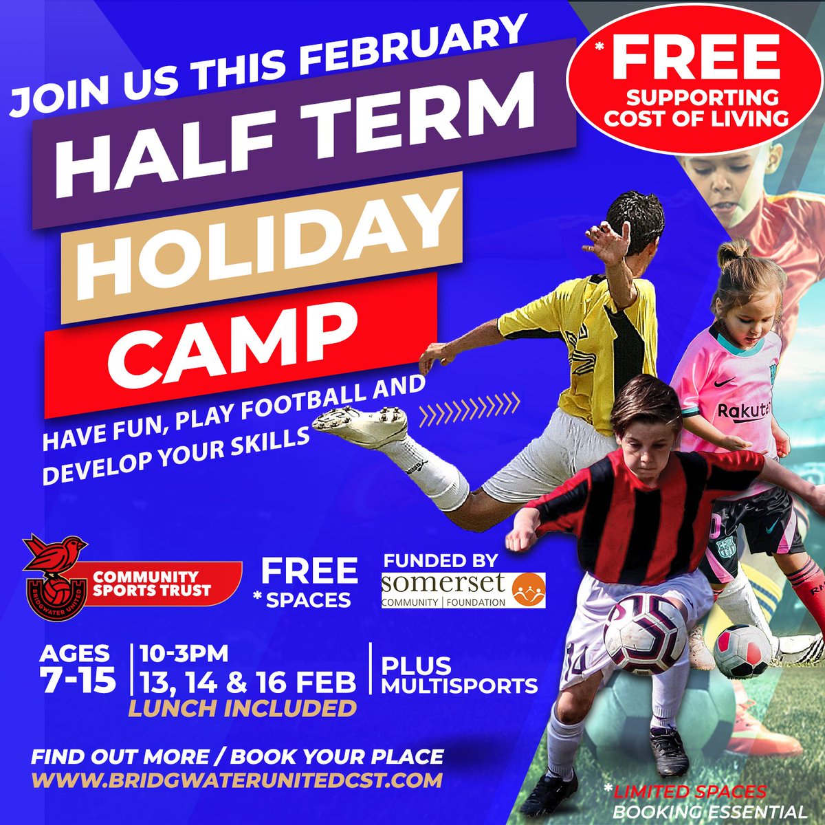 🥁 We're delighted to announce 🙏 Thanks to @Somerset_CF during the current #CostOfLivingCrisis Feb holiday camps have been funded and therefore will be FREE to attend 🤩❗Open To All 🙌 Limited spaces available.  sportfin.io/activity/552/