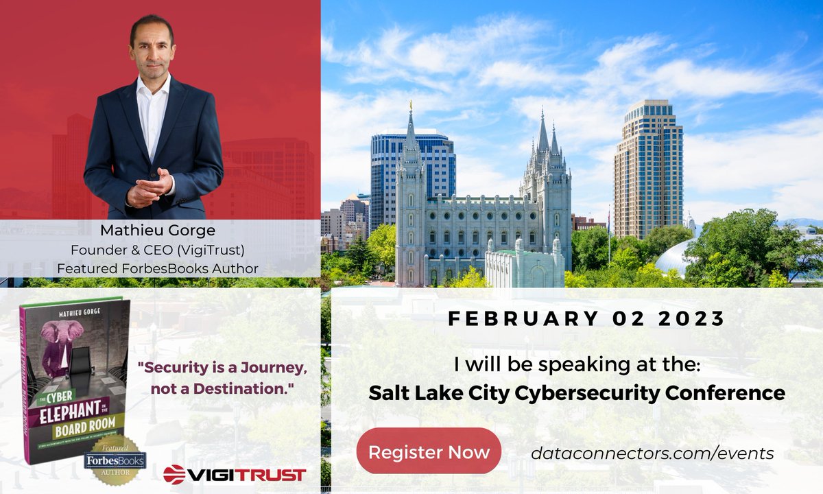 VigiTrust's tweet photo. Our CEO @MatGorge will be speaking today at the Data Connectors #Cybersecurity Community in Salt City Lake!

Mathieu will present his best-selling book "The Cyber Elephant in the Boardroom" (published by @Forbes_Books) - More info: https://t.co/jmjekTeVph

@CyberElephantB https://t.co/9Ycm0XVlyZ