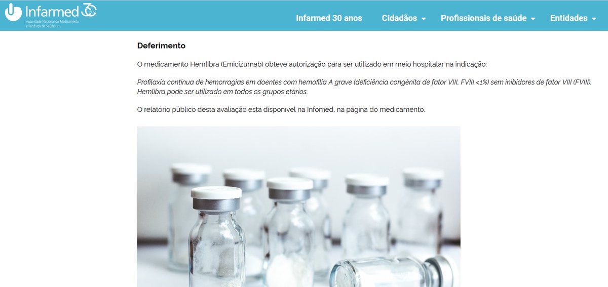 Informamos a comunidade que a aprovação do medicamento emicizumab (Hemlibra) para pessoas com Hemofilia A sem inibidores, já está publicada no site do Infarmed Podem consultar a informação no link abaixo.
infarmed.pt/web/infarmed/i…