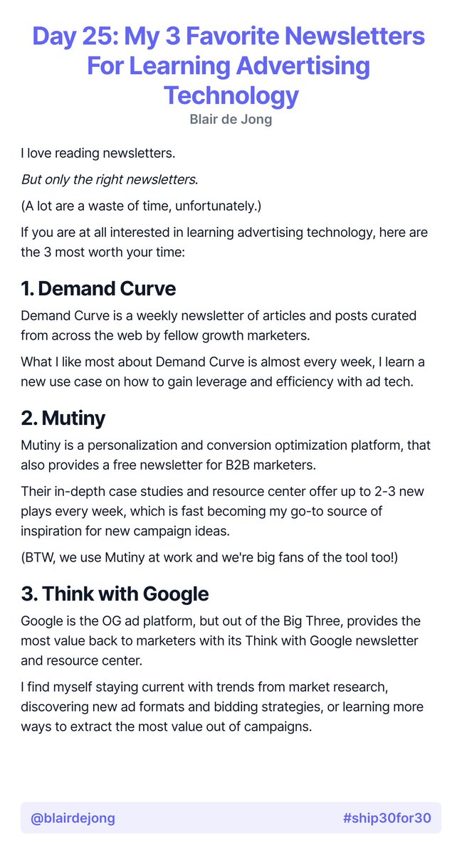 BlairdeJong's tweet image. I love reading newsletters.

But only the right newsletters.

(A lot are a waste of time, unfortunately.)

If you are at all interested in learning advertising technology, here are the 3 most worth your time: 👇🏻

#ship30for30 #adtech #advertisingtechnology