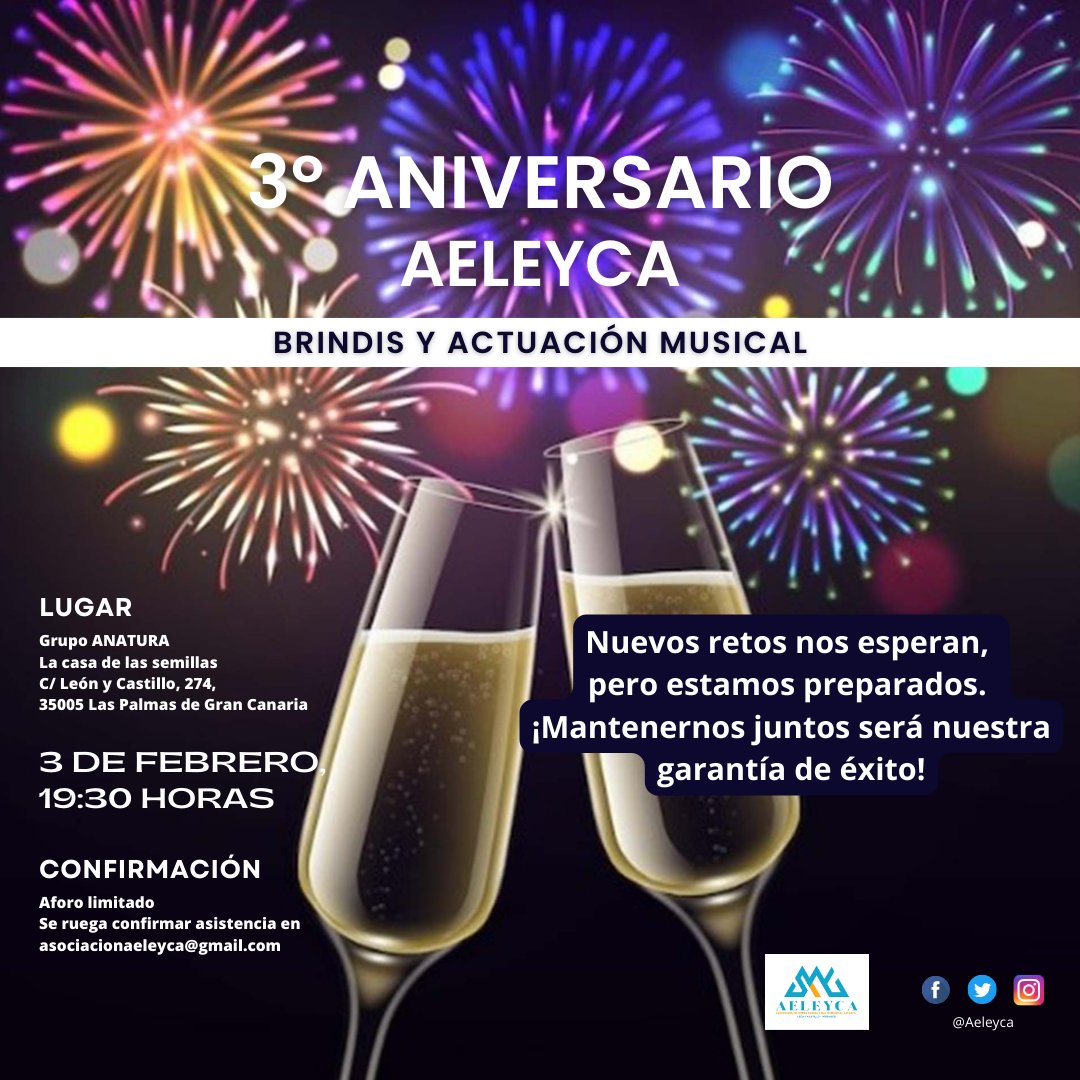 aeleyca's tweet photo. ¡Celebramos nuestro 3º aniversario!
La Asociación de Empresarios ZCA León y Castillo-ARENALES cumple un año más de trabajo y logros. Te invitamos a unirte a nosotros en un brindis.
.
.
#zonascomercialesabiertas #leonycastillo #comerciograncanaria #aeleyca https://t.co/Y96gaSe7ix