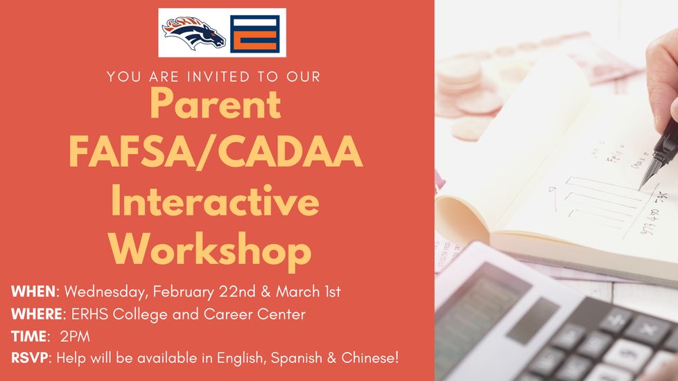 Filling out the FAFSA/CADAA is a step towards college or career education success and helps students qualify for aid! 

Need help?
Stu: check in w/ur counselor or the College &amp; Career center!  

Parents: Join us! RSVP Here: 
docs.google.com/forms/d/e/1FAI…