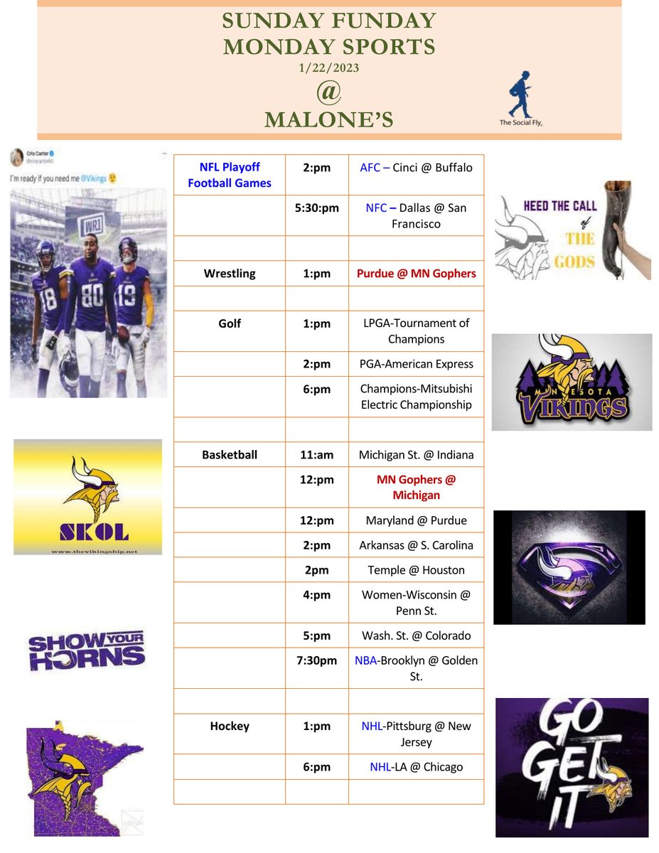 1/21-1/22 - 𝙎𝙥𝙤𝙧𝙩𝙨 𝙎𝙖𝙩𝙪𝙧𝙙𝙖𝙮 &amp; 𝙎𝙪𝙣𝙙𝙖𝙮 𝙁𝙪𝙣𝙙𝙖𝙮 @ 𝙈𝙖𝙡𝙤𝙣𝙚'𝙨, in Maple Grove: 

CLICK on the image to expand and read! ==> malonesbarandgrill.net 🏈 🏀🏒🌭🍯🍠🍤🍹🍷🍻👍😎

 #mngophersports #professionalsports #NFL #NBA #mnwild #mntimberwolves