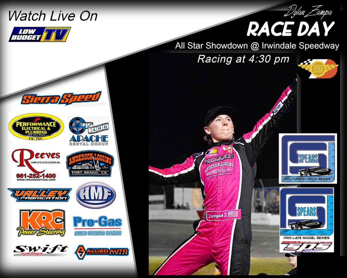 It’s raceday here at Irwindale Speedway with the Spears Srl Southwest Tour for the 2023 All Star Showdown. 

Had good speed with both cars in yesterdays practice. Looking to secure 2 wins for a payout of $35,000. Excited to see what we have for today.