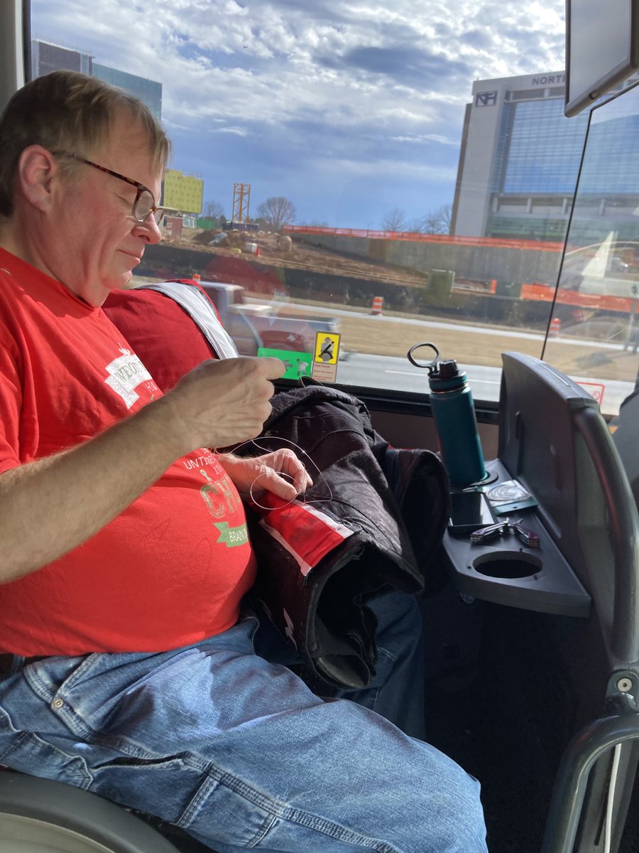 When the ⁦@UGAHockey⁩ Equipment guru, Bene, while on the team bus, goes Betsy Ross and pulls out the tuna fishing hook 🪝 and fish line to sew a players hockey pants!  #aboveandbeyond #thinkingoutsidethebox #manofmanytalents ⁦@CHFhockey⁩