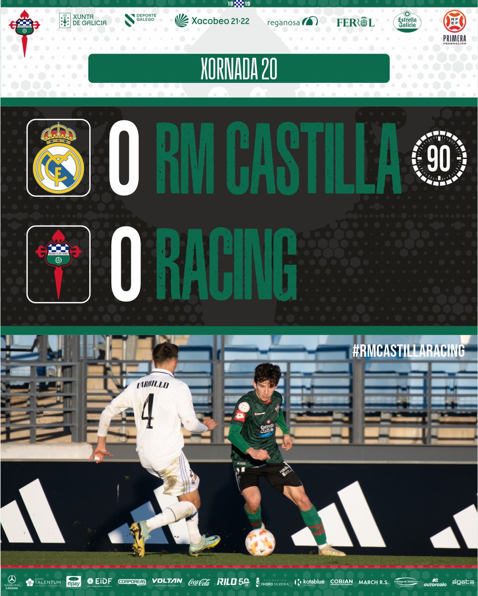 2⃣⏹️⏱️9⃣0⃣ | 0-0 | Final no Alfredo Di Stéfano. O Racing trae un punto da visita ao Real Madrid Castilla. Un Racing ben plantado no campo consigue sumar. #RMCastillaRacing #PrimeraFederacion #OpaRacing
