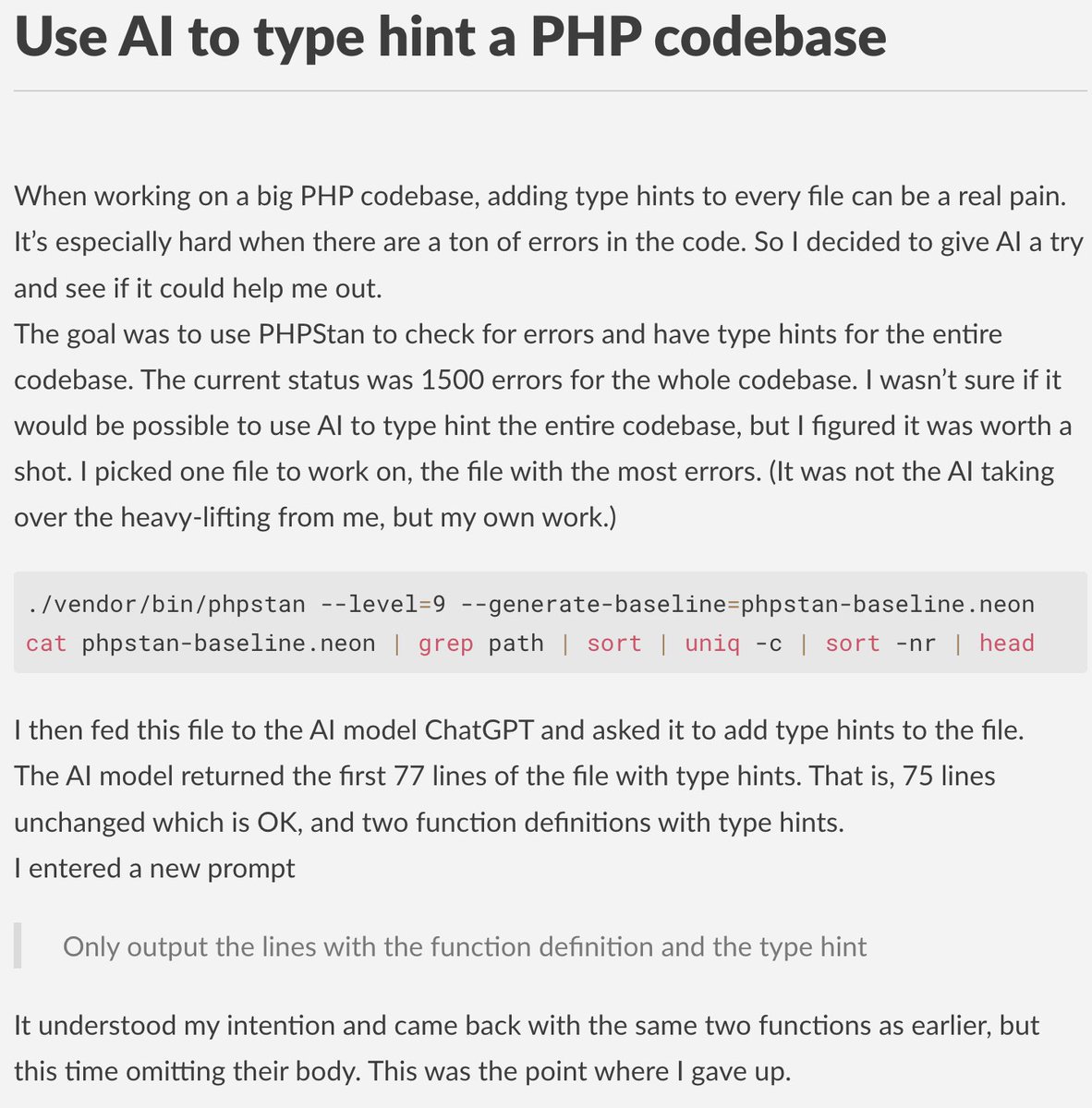 terepauto's tweet image. Use AI to type hint a PHP codebase.

#aiAssistedCoding
The story of a failed experiment.