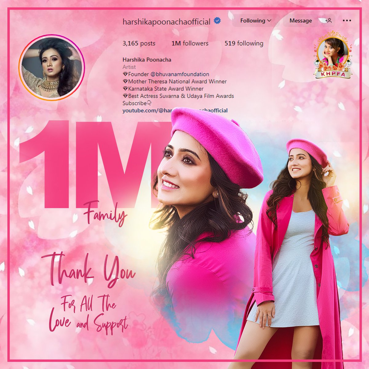 Harshika_Fans's tweet photo. Congratulations @actressharshika for reaching 1 Million Followers on #Instagram 👏👏😘❤

#1MInstaHeartsForHarshika
#HarshikaPoonacha #Harshians #1MForHarshikaPoonachaOnInstagram https://t.co/UZNaP5s8Gc
