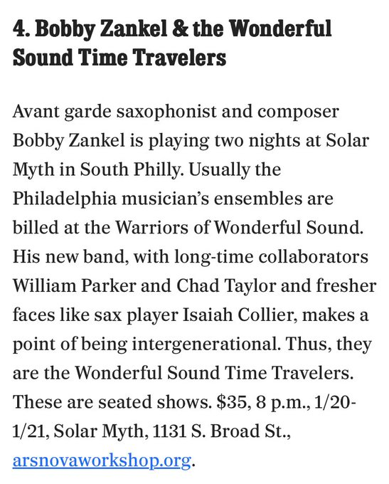 newjazzword's tweet photo. Glad that @ArsNovaWorkshop is telling folkjs about an #upcoming 2-nite #gig at #SolarMyth in #Philly by #tooobscure #saxist #composer #BobbyZankel + his #WarriorsofWonderfulSound Read reviews of BZ's #music at: https://t.co/3634OpVUzM
#freejazz #improvjazz #freemusic #US #FredHo https://t.co/Hyw2Sr7Yf1