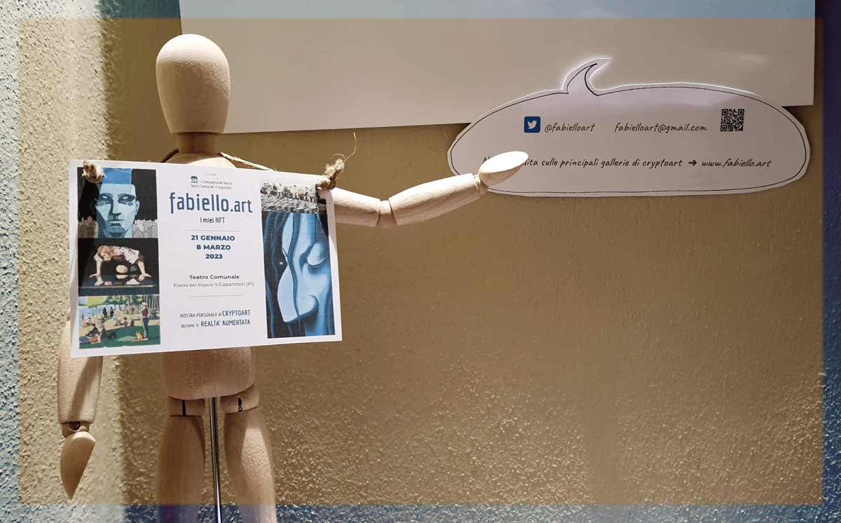 𝑓𝑎𝑏𝑖𝑒𝑙𝑙𝑜 (@fabielloart) on Twitter photo Open today my irl 🖼️#exhibition in the foyer of Capannoli's theater in Italy 🇮🇹
#Nfts minted in 3 years of #cryproart, some of them viewable in #AugmentedReality with <a href="/ArtiviveApp/">Artivive 🖼</a>
A <a href="/poapxyz/">POAP - Bookmarks for your life</a> 🔵 will be claimable by visitors
- Jan 21-march 8 - Open today my irl 🖼️#exhibition in the foyer of Capannoli's theater in Italy 🇮🇹
#Nfts minted in 3 years of #cryproart, some of them viewable in #AugmentedReality with <a href="/ArtiviveApp/">Artivive 🖼</a>
A <a href="/poapxyz/">POAP - Bookmarks for your life</a> 🔵 will be claimable by visitors
- Jan 21-march 8 -