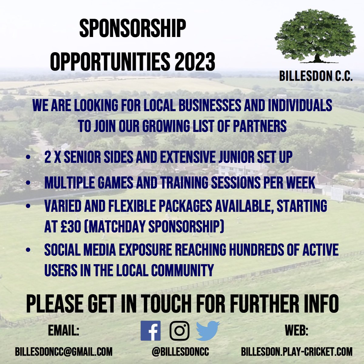 SPONSORSHIP OPPORTUNITIES 

Interested in sponsoring our cricket club? 

Packages start at £30 for a matchday sponsorship.

Please get in touch for further information.

#upthetrees🌳