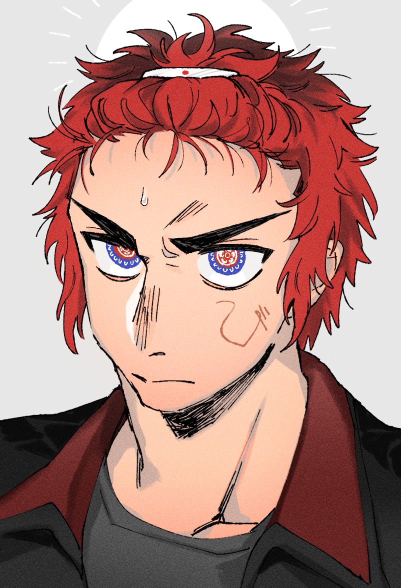 1boy male focus solo red hair blue eyes red eyes shirt  illustration images