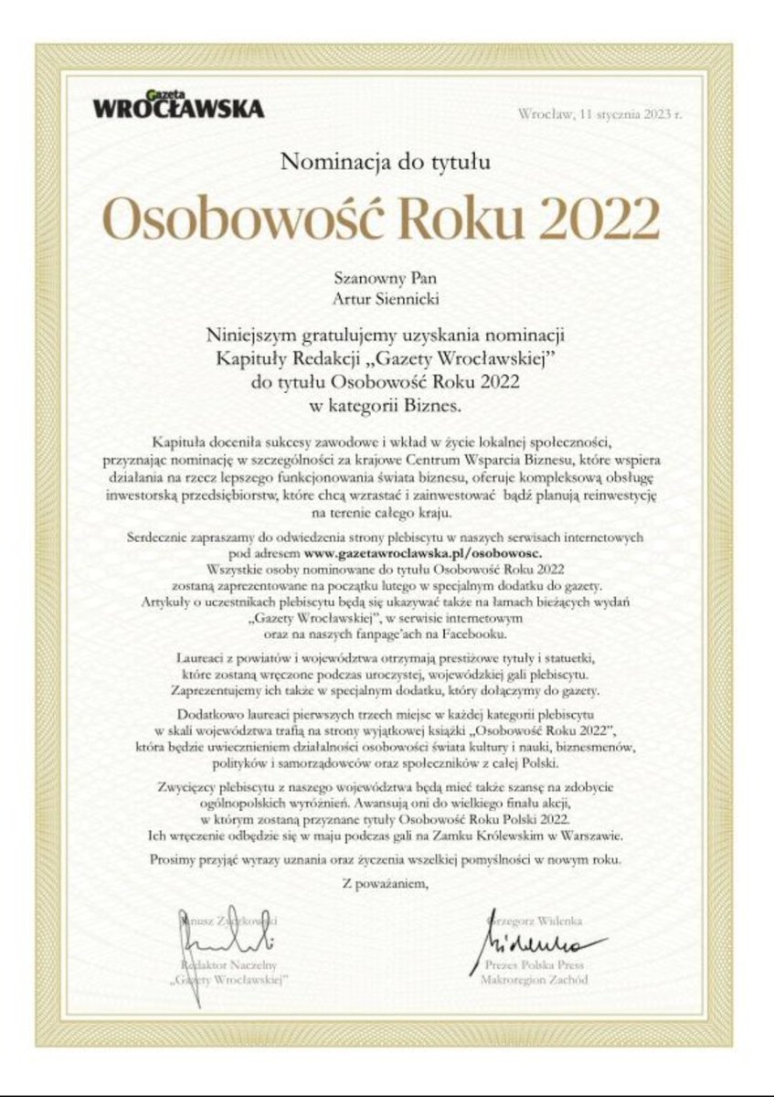 Dziękuję za nominacje do tytułu osobowość roku w kategorii biznes za pomysł i wdrożenie - Krajowego Centrum Wsparcia Biznesu, które wspiera działania na rzecz lepszego funkcjonowania świata biznesu. KCWB oferuje kompleksową obsługę inwestorską dla przedsiębiorstw.