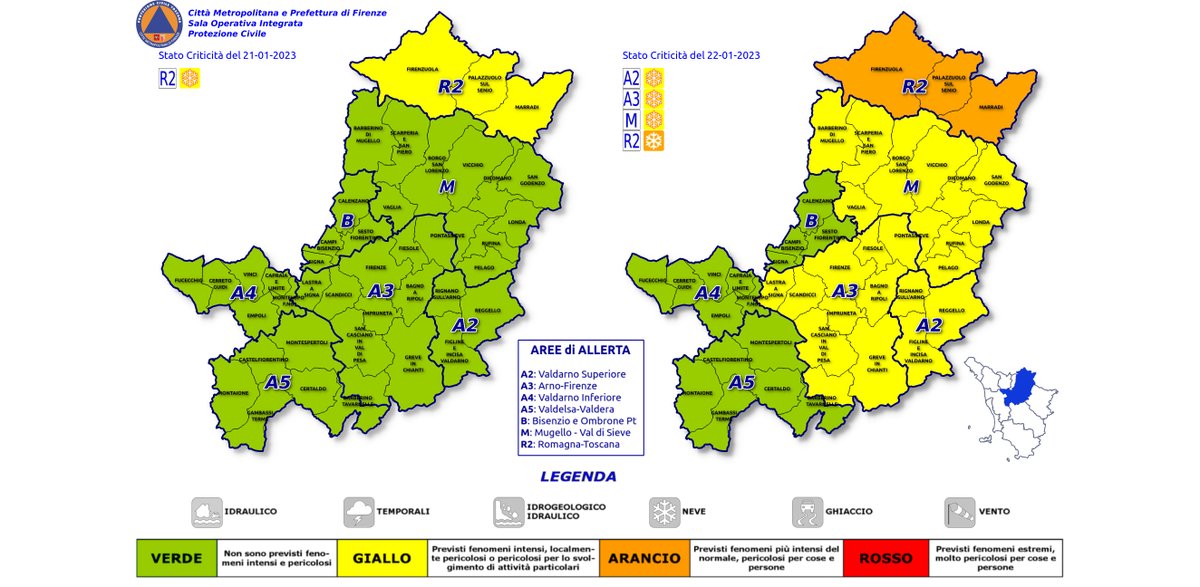 Prov_FI_PC's tweet photo. #MetroFirenze #AllertaMeteoTOS #CodiceARANCIO per il 22/1 area Romagna-Toscana, #CodiceGiallo per #Neve dalla sera di oggi 21/1 nell'area della Romagna Toscana in estensione alle aree Valdarno Superiore Arno-Firenze per la giornata del 22/1 https://t.co/7ZmYgQUpUr https://t.co/rfd6TiPr2l